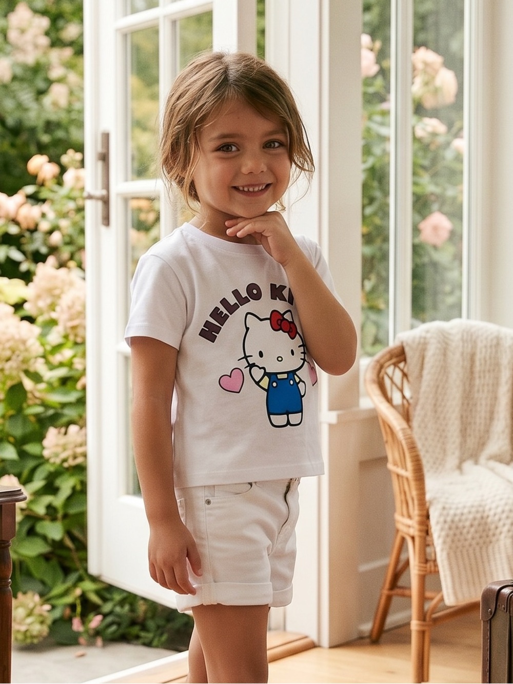 Zara White Hello Kitty Short-Sleeve Tee with Blue Overalls